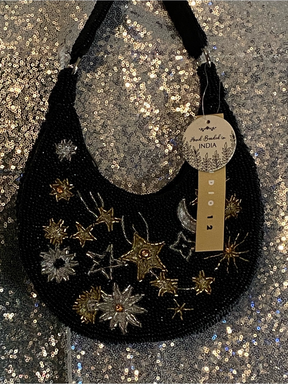 Studio 12 Celestial Hand Beaded Moon Stars Crescent Bag NWT Black Viral Find